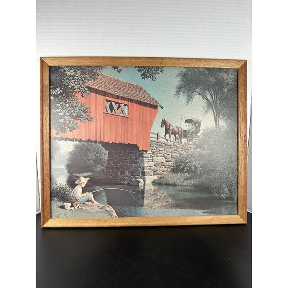 Vintage 1968 Paul Detlefsen “Covered Bridge” Litho In Wood Frame, 16x22” - Picture 1 of 8